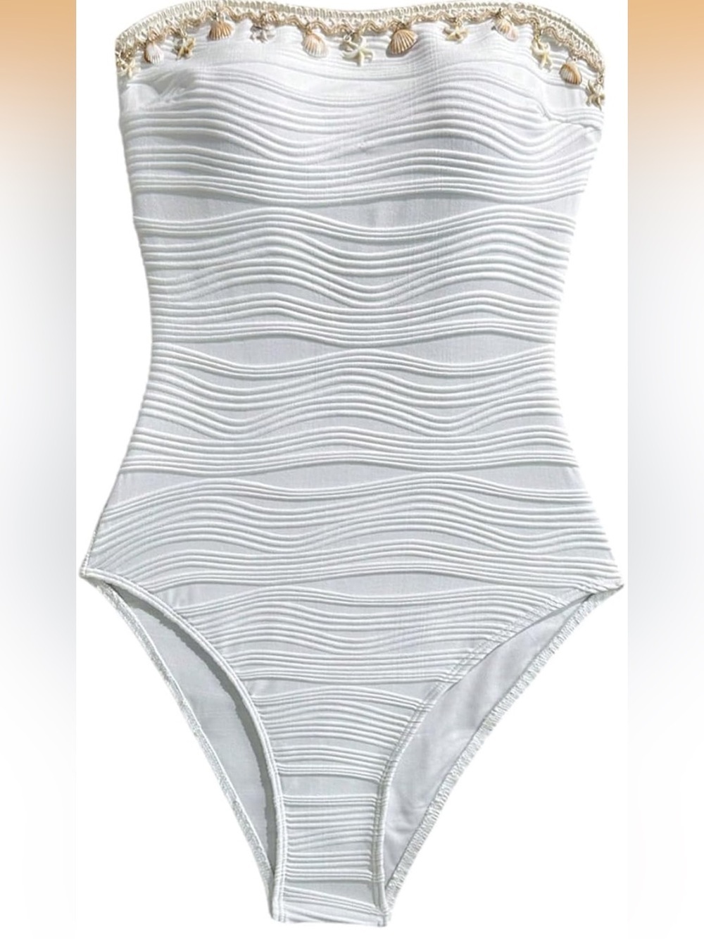 Strapless Cheeky One Piece Swimsuit Textured Monokini Tassel Shell Decor M.